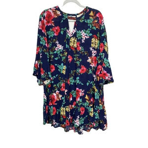 Umgee Bell Sleeve Blue Multicolor Floral Boho Gypsy Dress Tunic Size Small